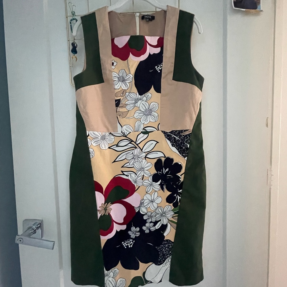 RAOUL Designer Print Colorblock Dress Cream Green